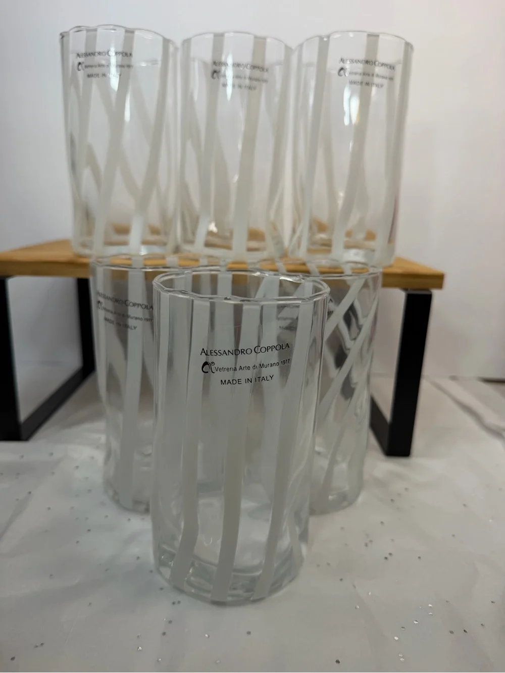 Set of 6 Murano Alessandro Coppola  White Striped 5.75” Indented Glasses -new